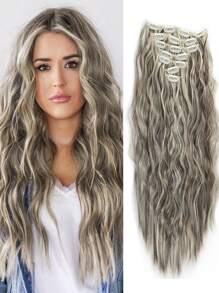 夹式接发 16 夹 22 英寸长卷发接发 女士全头合成接发假发 7 件套装 - 間色 - 查看 12