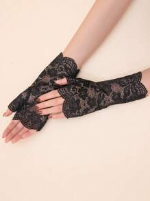 1 Pair Fingerless Hollow-Out Lace Gloves Halloween Valentine's Day Valentines Autumn Accessories - Black - View 2