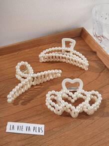 3pcs Faux Pearl French Style Mini Hair Claw For Thick Hair White Hair Clips For Wedding Nonslip Jaw Clips Hair Styling Gift Hair Accessories For Women And Girls Elegant Summer Fall Winter Claw Clip Bows For Vacation Outfits Woman - White - View 1