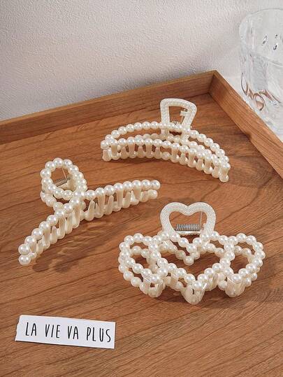 3pcs Faux Pearl French Style Mini Hair Claw For Thick Hair White Hair Clips For Wedding Nonslip Jaw Clips Hair Styling Gift Hair Accessories For Women And Girls Elegant Summer Fall Winter Claw Clip Bows For Vacation Outfits Woman