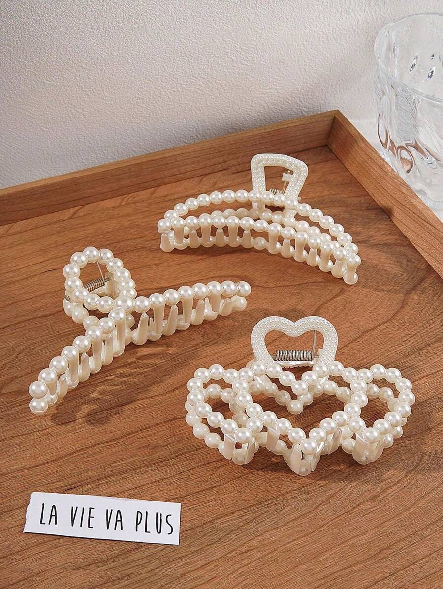 3pcs Faux Pearl French Style Mini Hair Claw For Thick Hair White Hair Clips For Wedding Nonslip Jaw Clips Hair Styling Gift Hair Accessories For Women And Girls Elegant Summer Fall Winter Claw Clip Bows For Vacation Outfits Woman - White - View 1