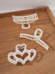 3pcs Faux Pearl French Style Mini Hair Claw For Thick Hair White Hair Clips For Wedding Nonslip Jaw Clips Hair Styling Gift Hair Accessories For Women And Girls Elegant Summer Fall Winter Claw Clip Bows For Vacation Outfits Woman - White - View 2