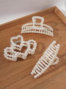 3pcs Faux Pearl French Style Mini Hair Claw For Thick Hair White Hair Clips For Wedding Nonslip Jaw Clips Hair Styling Gift Hair Accessories For Women And Girls Elegant Summer Fall Winter Claw Clip Bows For Vacation Outfits Woman - White - View 3