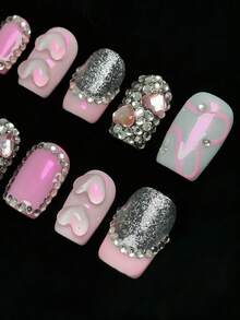10 件手工按压指甲，Y2K 热女孩风格满钻滴水短方形假指甲，适合女孩和日常佩戴 - 彩色 - 查看 2