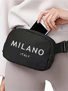 1个米兰意大利图案迷你斜挎包，可调节肩带意大利印花腰包，尼龙小腰包，防水运动健身包，多功能斜挎胸包，小腰包，适合锻炼、跑步、旅行、徒步 - 黑色 - 查看 2