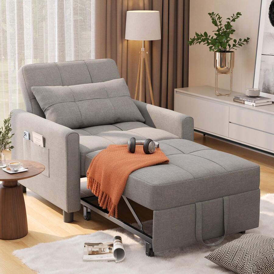 3 In 1 Adjustable Sleeper Sofa Chair Bed, Pull Out Sleeper Bed, Adjustable Backrest Recliner, Convertible Folding Lounge Sofa, Suitable For Living Room, Bedroom, Office And Other Small Spaces - 灰色 - 查看 1