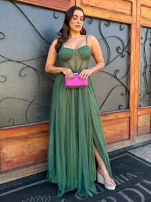 LONG WEDDING PARTY DRESS FOR GRADUATES IN TULLE WITH SHINE AND CORSET - Olive Green - View 1