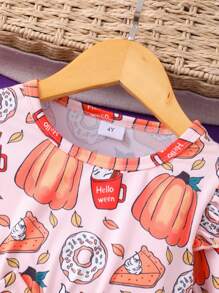 Young Girl Long Sleeve Halloween Pumpkin Printed Bowknot Mesh  & Cute Dress