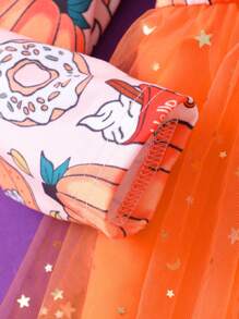 Young Girl Long Sleeve Halloween Pumpkin Printed Bowknot Mesh  & Cute Dress