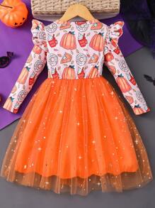 Young Girl Long Sleeve Halloween Pumpkin Printed Bowknot Mesh  & Cute Dress