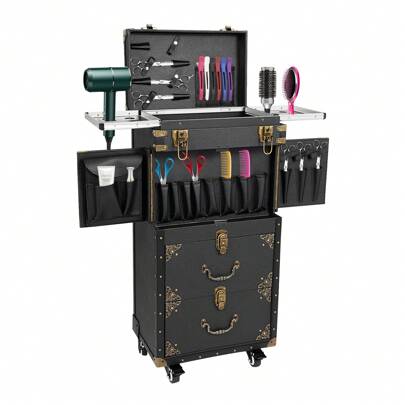YUNRUX Vintage Trolley Hairdresser Tool Box Travel Case Work Cart Cosmetics Professional Salon Trolley Cosmetic Case Hairdresser Case Makeup Case Ladies With Make-Up Case Beauty Case 4-Tier