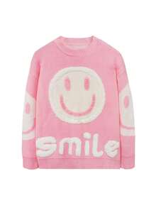 Women Pink Casual Smiling Face Pattern Jacquard Knitted Sweater - Pink - View 6