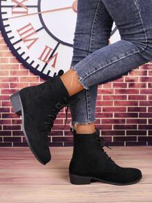 Women's New Round Toe Solid Black High Top Lace-Up Low Heel Ankle Boots, Fashionable Casual Four Seasons Short Boots, Retro Square Heel Dress Boots