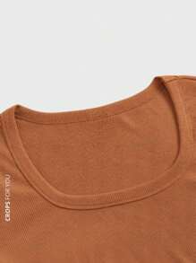 Women's Ribbed Cropped Blouse With U-Neck In Neutral Tones - Lạc đà - Xem 3