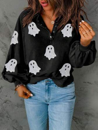 Sequin Ghost Halloween Graphic Half Button Drop Shoulder Sweatshirt