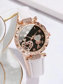 3 pièces/set Montre à quartz avec cadran chiffré et cœur sertis de strass, bracelet. Ensemble de la Saint-Valentin pour femme