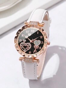 3 pièces/set Montre à quartz avec cadran chiffré et cœur sertis de strass, bracelet. Ensemble de la Saint-Valentin pour femme