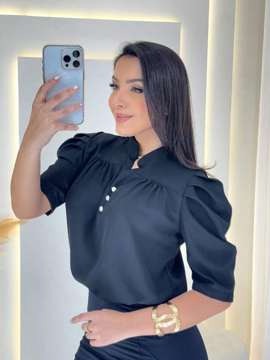 Short Sleeve Puffed Blouse With Button Women's Fashion Summer - màu đen - Xem 1
