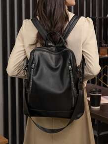 Women's PU Leather Backpack High Quality Medium Spacious With Shoulder Strap - 黑色 - 查看 1