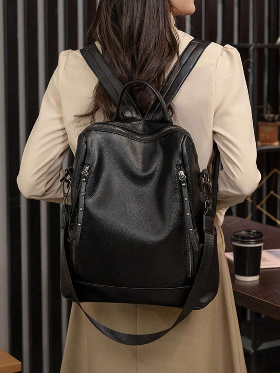 Women's PU Leather Backpack High Quality Medium Spacious With Shoulder Strap - 黑色 - 查看 1