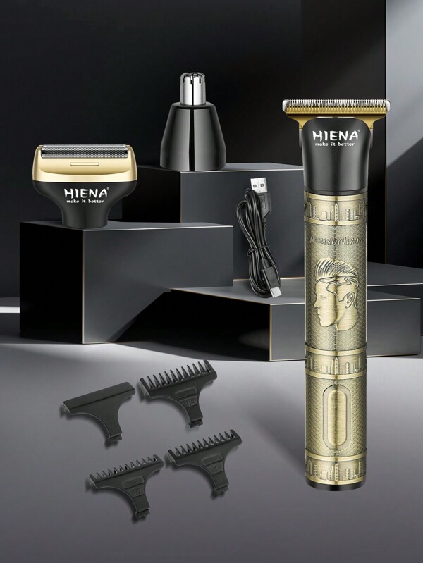 HINEA HIENA Hair Clipper, An Antique Bronze Three In One Hair Clipper With Multifunctional Fast Charging And Long Standby Function. It Is A Shaver, Nose Hair Trimmer, USB Car Charger, Waterproof, Men's, Father's Day Gift, Cordless Rechargeable Men's Beauty Set, Suitable For Beard, Head, Hair, Body, Appearance And Facial Hair Clippers