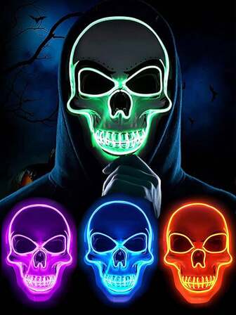Rave Halloween Mask LED Light Up Scary Mask Spooky Skull Mask Cosplay Skeleton Mask, Adjustable Size Multiple Glow Modes Green Glow For Party Gift, Performance Show, Festival, Cosplay Supplies, Adult, Men, Women Halloween Party, Glowing In The Dark(Product Does Not Include Batteries, Requires 2 AA Batteries To Provide Power), The Product Is Made By Hand-Gluing, There May Be Traces Of Glue In The Details Which Will Not Affect The Use Of The Product, Please Place The Order With Caution