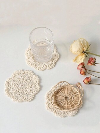 1/2/4/6pcs Woven Hollow Out Coaster, Modern Polyester Drink Coaster For Home,Solid Color Coasters For Insulation, Kitchen, Dining Room, Bedroom, City Best Gifts Birthday Graduation