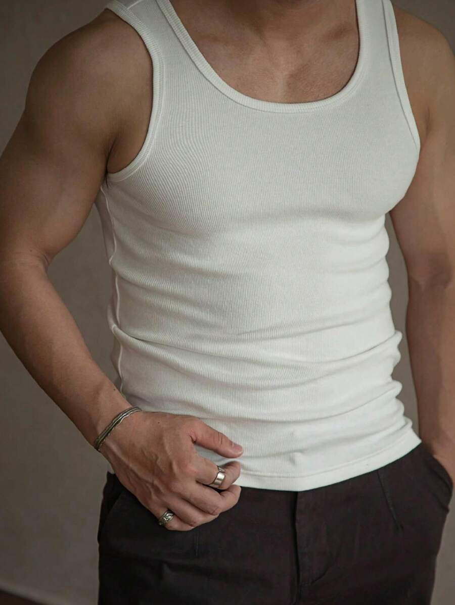 Men's American Style Ribbed Fitted Tank Top, 95% Cotton And 5% Elastane - 杏色 - 查看 1