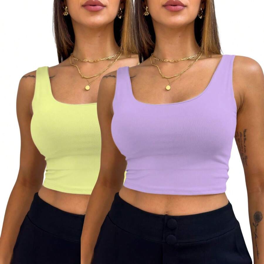 Kit 2 Top Cropped Feminino Regata Alcinha Verão Forrado Supplex Básico - Amarelo e Lilás - Visão 1