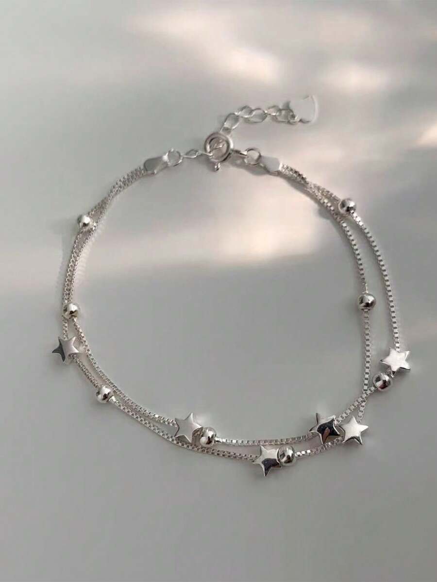 1pc Luxury 925 Sterling Silver Star Beaded Bracelet, Elegant Design