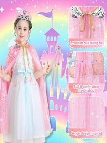 11pcs Princess Cape Set, Pink, Snowflake Pattern, Includes Princess Crown, Wand, Necklace, Jewelry And Bag - Pink - View 4
