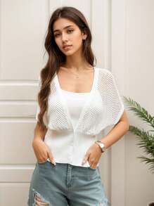 Women's Short Sleeve Crochet Cardigan Draped V Neck Cropped Top Shawl Sweater Hollow Beach Cover Up - 白色 - 查看 4