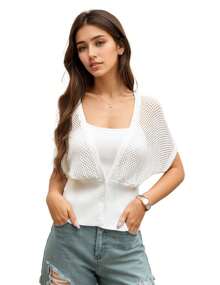 Women's Short Sleeve Crochet Cardigan Draped V Neck Cropped Top Shawl Sweater Hollow Beach Cover Up - 白色 - 查看 5
