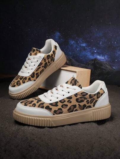Women's Fashion Canvas Sneakers, Leopard Print Thick-Sole Versatile Platform Shoes
