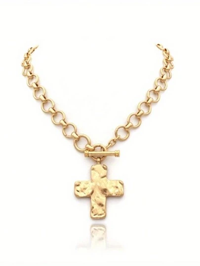 Hammered Bold Cross Necklace Thick Chain Set For Women Men Chunky Golden Silvery Statement Pendant Necklace Vintage Chain Pendant Jewelry