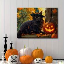 1pc Cute Black Cat With Witch Hat Halloween Canvas Wall Art - Vintage Framed Horror Pumpkin Tree Print In For Bedroom, Living Room, Or Bathroom Decor | Ready To Hang For Spooky Halloween Vibes