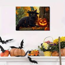 1pc Cute Black Cat With Witch Hat Halloween Canvas Wall Art - Vintage Framed Horror Pumpkin Tree Print In For Bedroom, Living Room, Or Bathroom Decor | Ready To Hang For Spooky Halloween Vibes