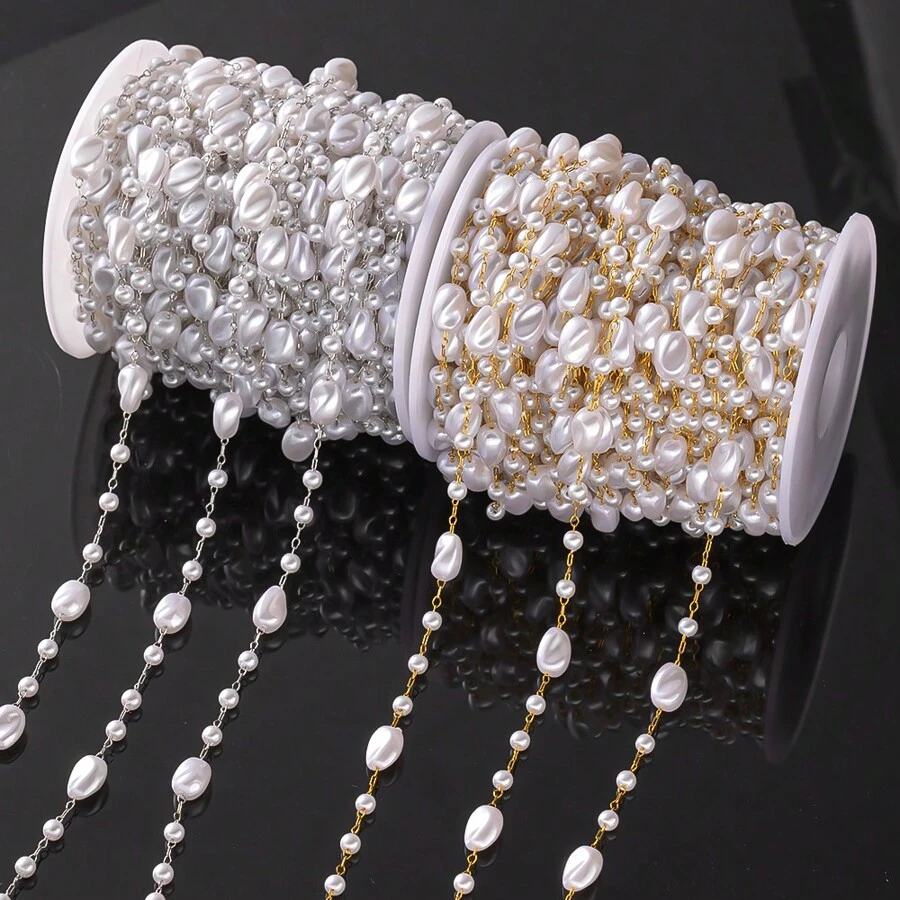 1m Faux ABS Pearl Beading Chain With Stainless Steel Link Bulk For Choker Necklace Bracelet Anklet DIY Craft Women Men Jewelry Making No Fade