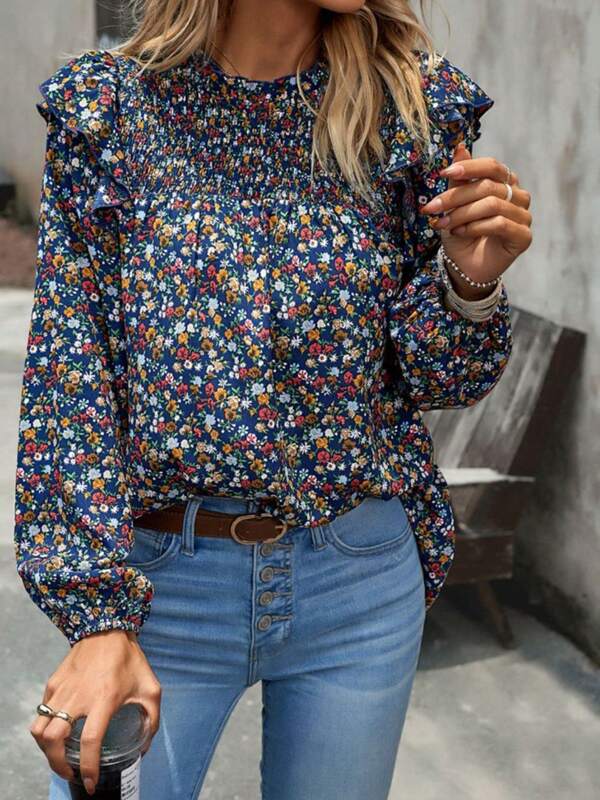 Ruffle Shirred Neck Long Sleeve Blouse