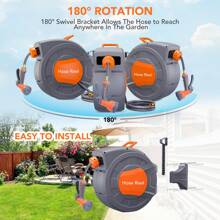 Retractable Garden Hose Reel - 1/2 In X 100 Ft, Wall Mounted, 9-Function Sprayer, Any Length Lock, 180° Swivel, Automatic Rewind & Slow Return System - Orange - View 2