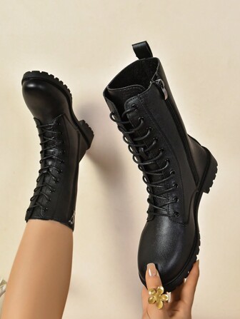 女士时尚百搭系带中筒/踝靴/马靴，摩托车靴，短靴，高帮防滑靴，休闲舒适侧拉链户外靴，骑行户外黑色靴，秋冬靴，过膝靴