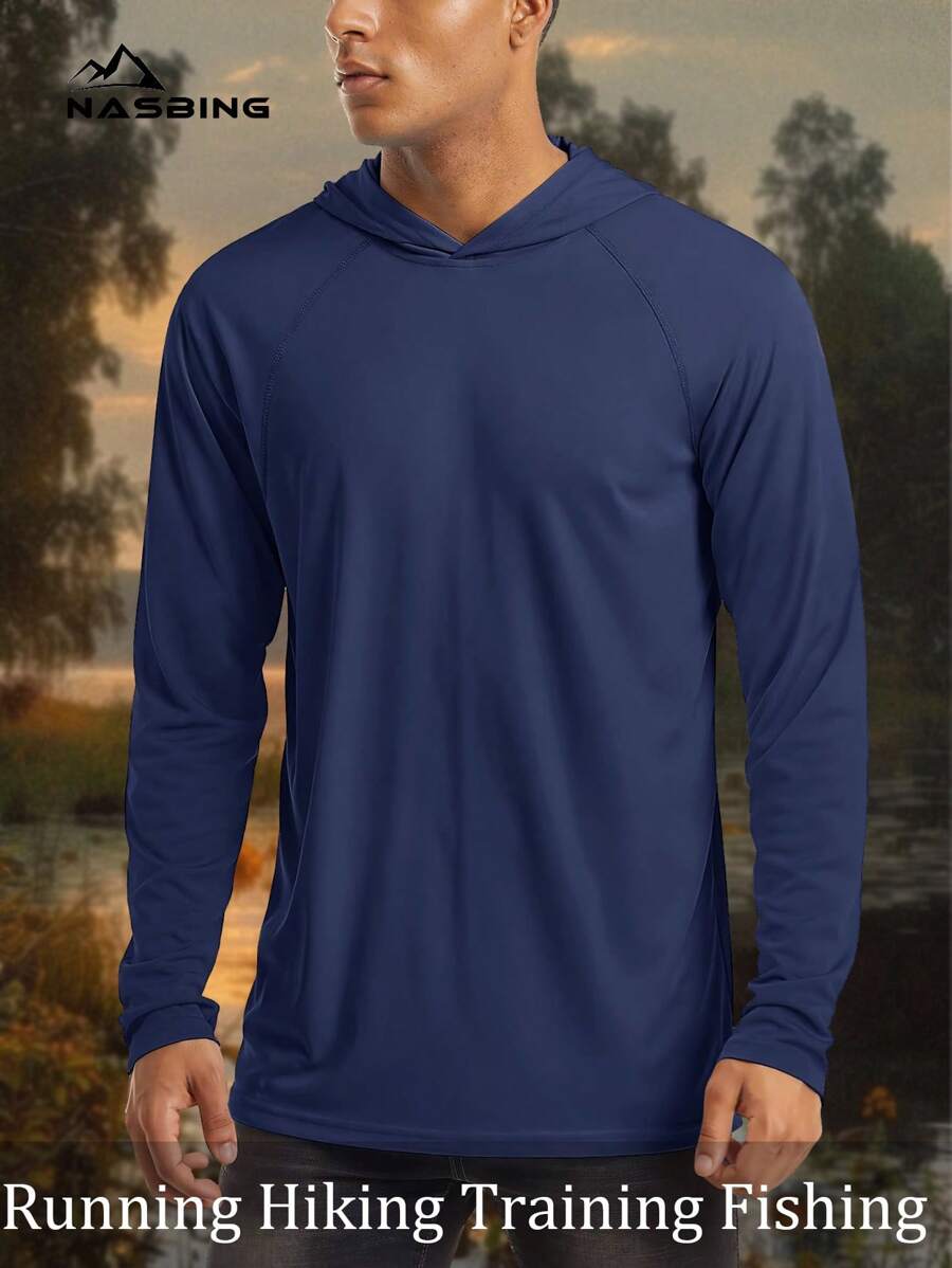 KEFITEVD Boyfriend Style Men's Hooded Quick-Drying Sports Tee Long Sleeve Running Athletic Shirts Rash Guards - Navy Blue - View 1