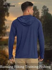 KEFITEVD Boyfriend Style Men's Hooded Quick-Drying Sports Tee Long Sleeve Running Athletic Shirts Rash Guards - Navy Blue - View 2