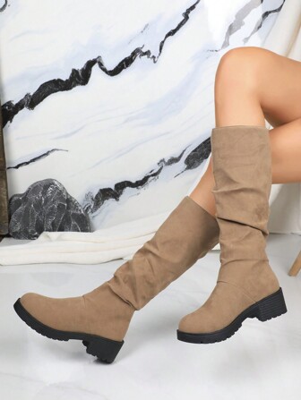 1 Pair Of Fashionable Mid-Calf Boots For Women, Solid Color Chunky Heel Tall Boots, Slip-On Design, Stylish Solid Color Boots