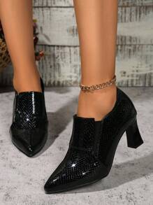 女士漆皮一脚蹬高跟鞋，尖头，粗跟，2024 年春夏时尚休闲鞋 - 黑色 - 查看 3