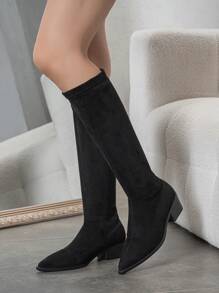 Bottes cuissardes à talons épais et bouts pointus mode femme, couleur unie sexy - Noir - Voir 2
