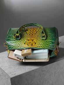 Luxury Crocodile Pattern Handbag, Retro Genuine Purse, Women's Classic Boston Bag & Shoulder Bag - 7#vàng+xanh lá - Xem 5