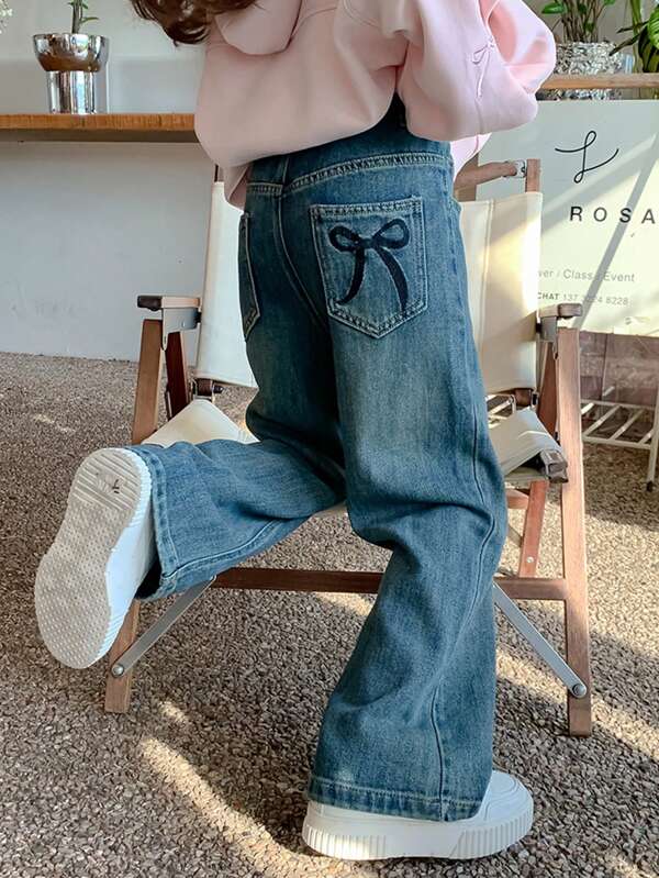 Calça Denim Perna Larga com Laço Moda Juvenil Feminina, Primavera e Outono