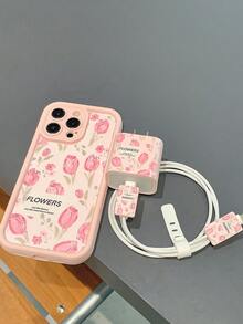 郁金香字母图案粉色肥皂材质手机壳 + 充电保护套 兼容Iphone - 彩色 - 查看 2