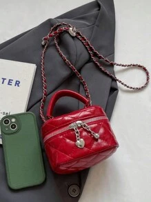 新款时尚经典百搭PU防水面料，绗缝钻石纹手提包，轻巧便携拉链开合设计爱心拉链装饰斜挎盒圆形包，零钱包包，适合逛街，适合旅行、逛街、通勤。 - 紅色 - 查看 3